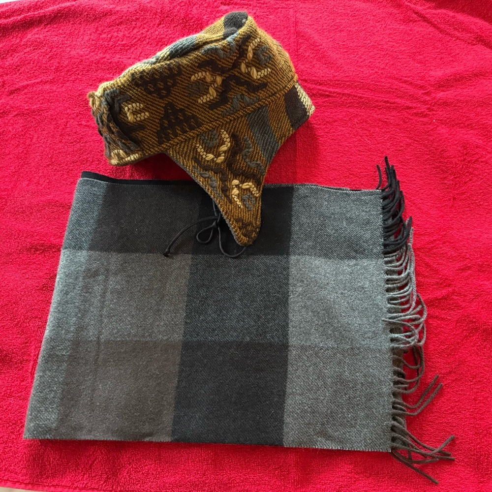 Jos. A. Bank Cashmere Black/Brown Men's Scarf /Winter Tibet Hat with Ear Muffs